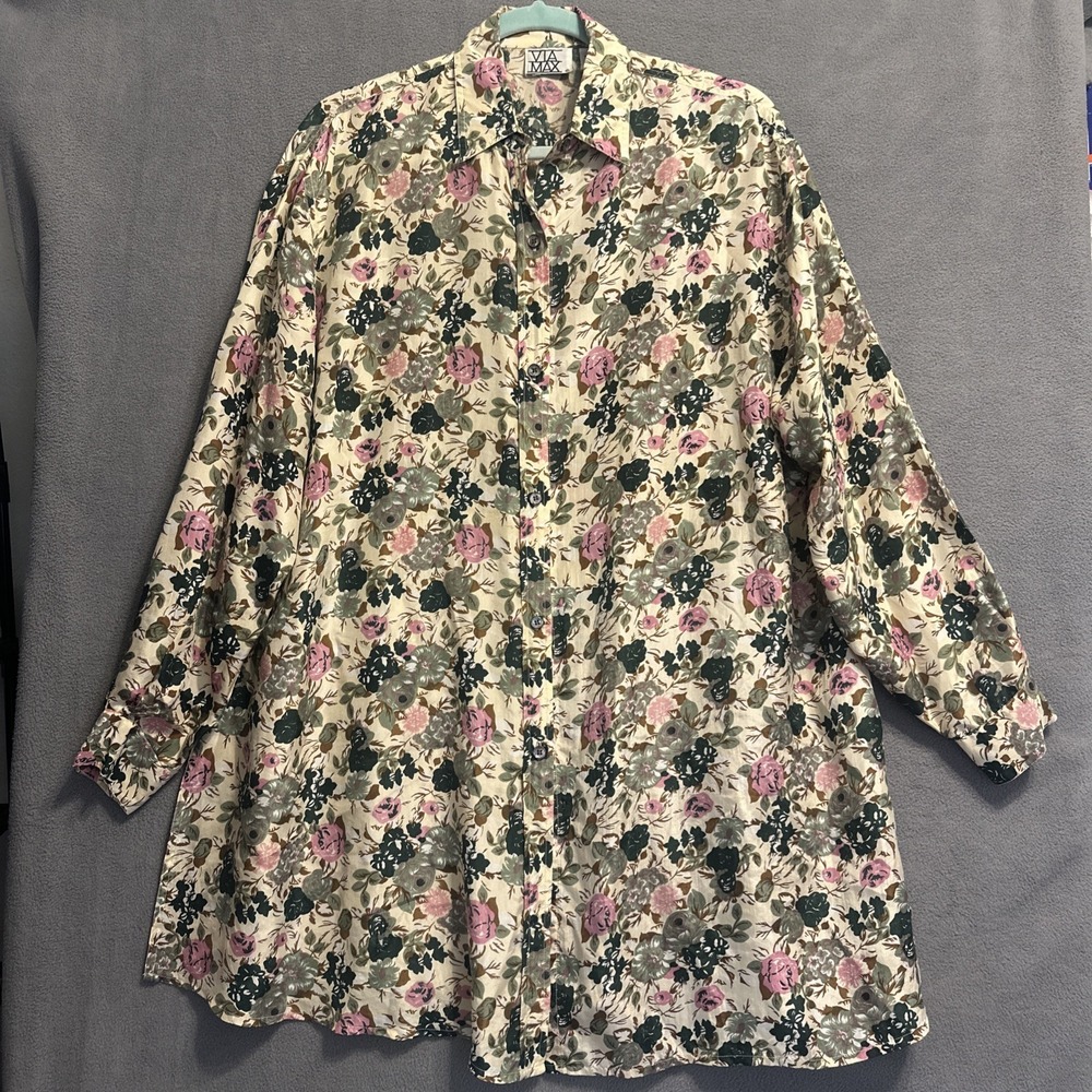 VTG 90s 100% Silk‎ Blouse Button Up Tunic Top Via Max M Floral Print Cottagecore